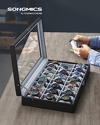 Detalle de SONGMICS JWB024 Uhrenbox: 24 Fächer, Glasdeckel, PU-Schwarz, Samtfutter-Grau
