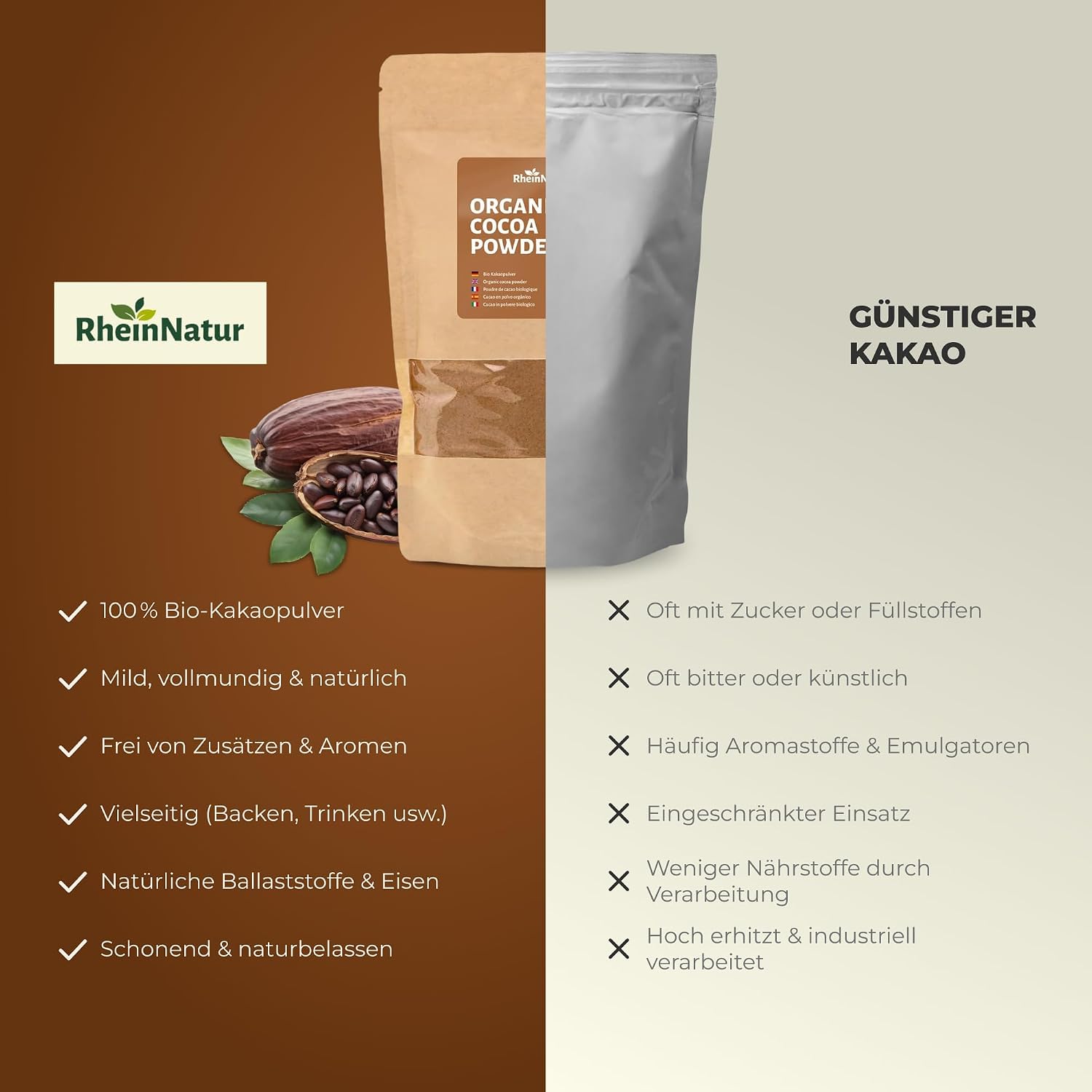 Detalle 2 de RheinNatur biologisch cacaopoeder 1 kg – 100% cacao, ongezoet