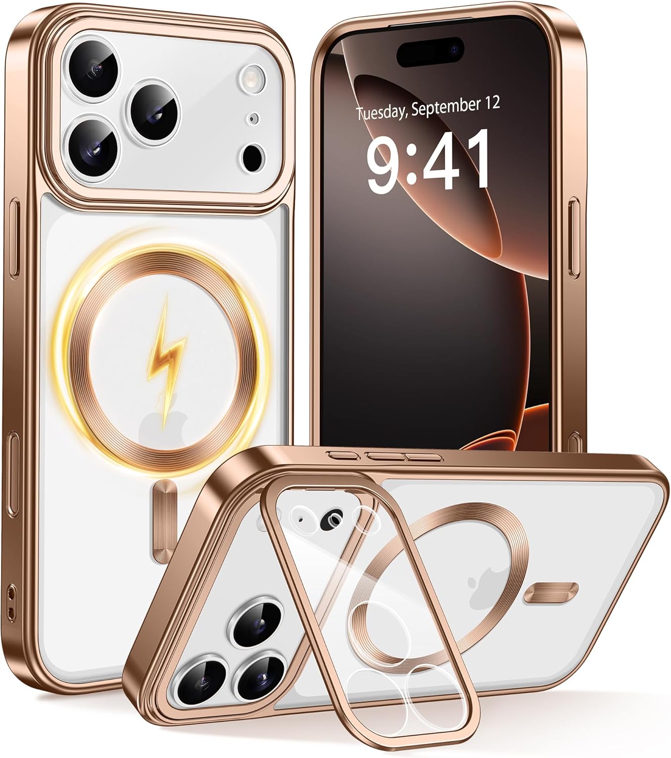 Detalle de GolbinBox iPhone 17 Pro Case with Stand (6.3 inches) for MagSafe, Rose Gold/Clear