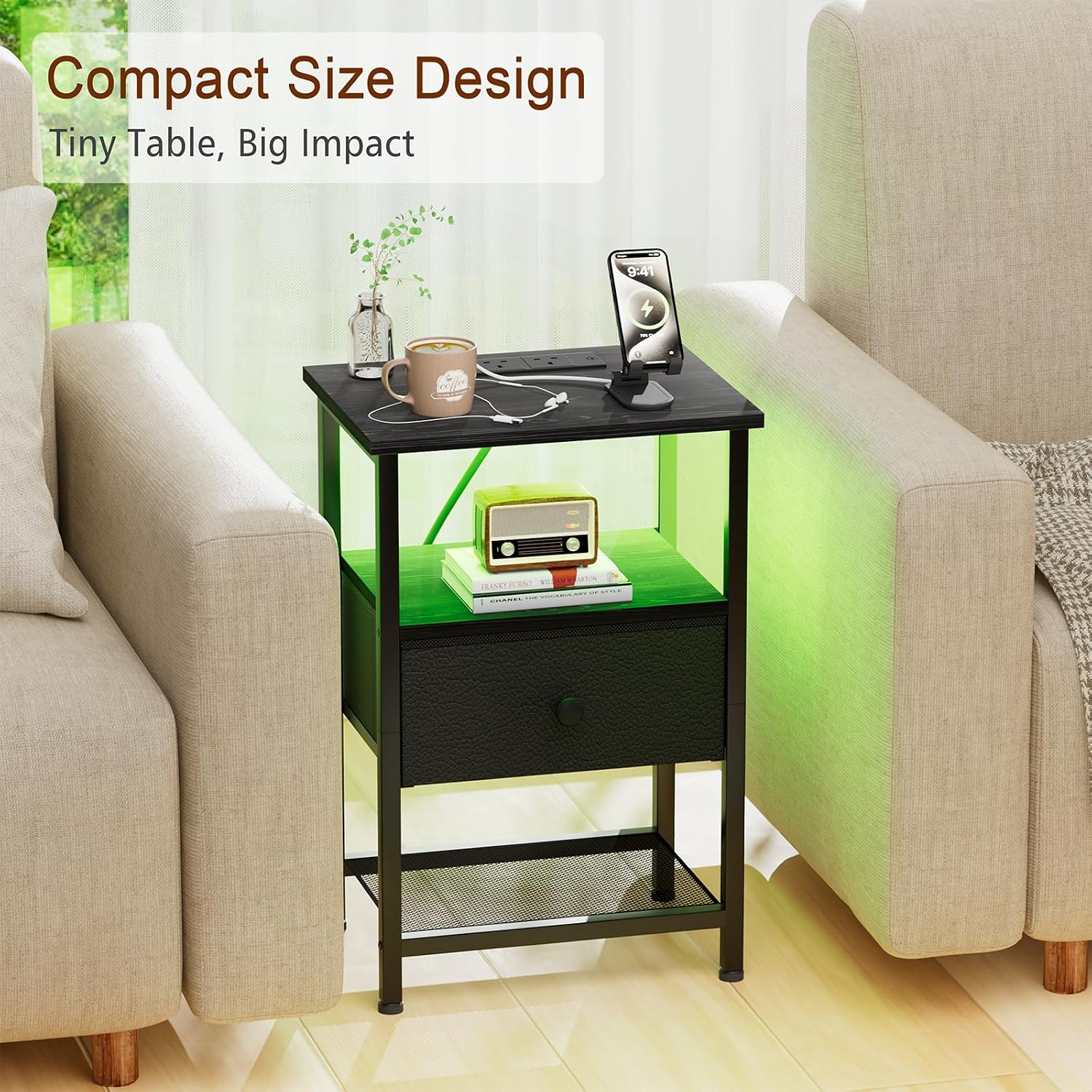 Detalle 2 de AMHANCIBLE HETS01BK set of 2 bedside tables with charging station and RGB LED lights