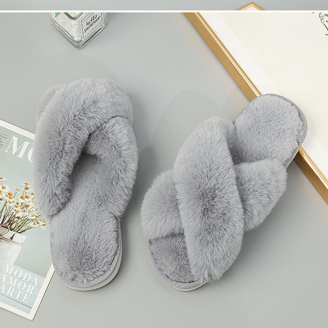 Thumbnail 2 de Milaloko Frauen Fluffy Cross Band Hausschuhe – Kuschelige Open-Toe Plüsch-Pantoffeln