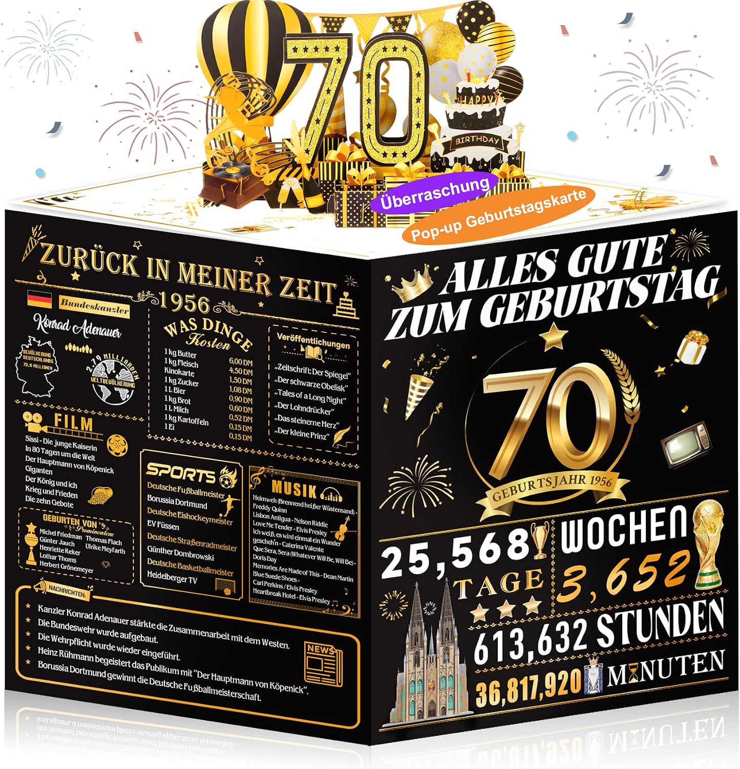 Detalle de OLOSONG Geburtstagskarte 70 – 3D Pop-up Klappkarte mit Umschlag, goldener Deko „70“