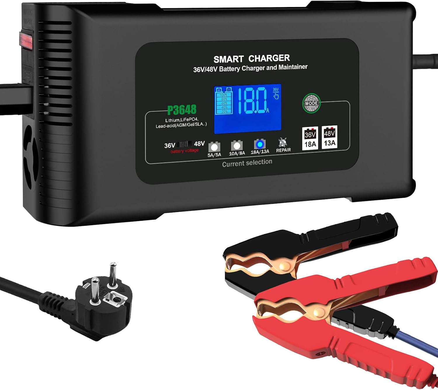 Detalle de Haisito Caricabatterie automatico P3648 36V/48V: ricarica intelligente per batterie LiFePO4 e al piombo