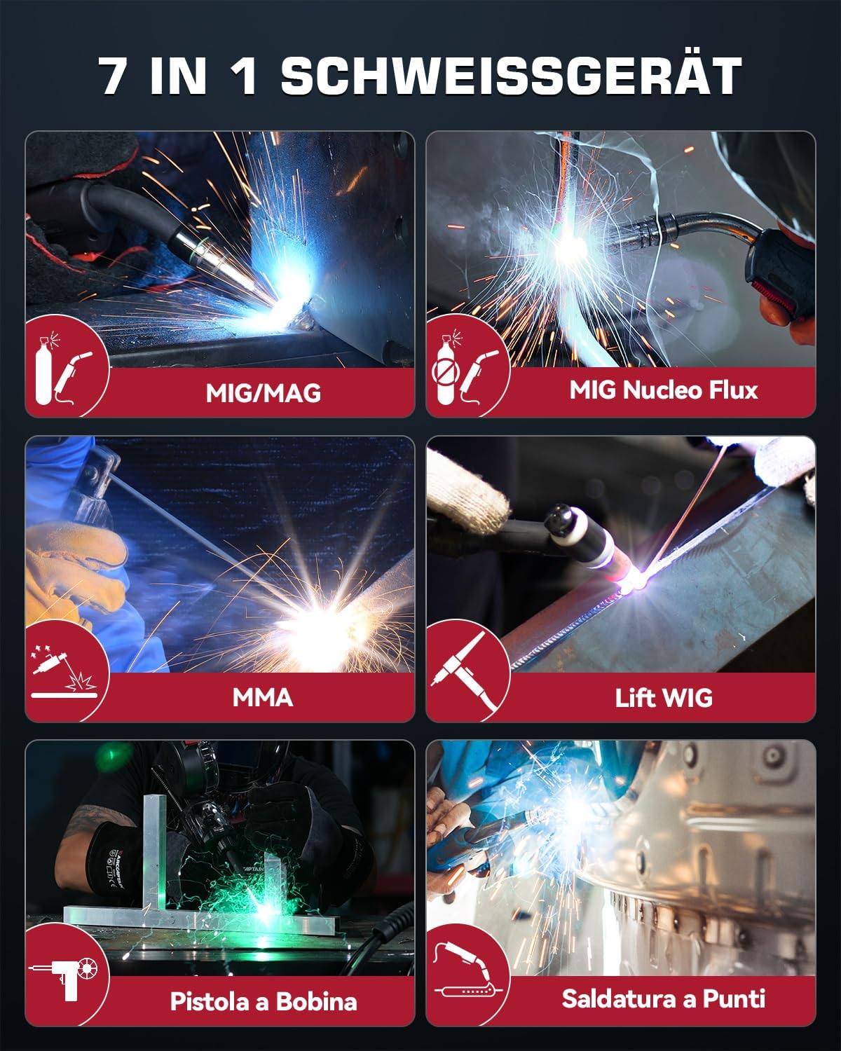 Detalle 2 de ARCCAPTAIN MIG MAG Schweißgerät 200 A 7‑in‑1 (IGBT Inverter, 230 V) für MIG/MAG, Fülldraht, MMA, Lift TIG, Spool Gun und Punktschweißen