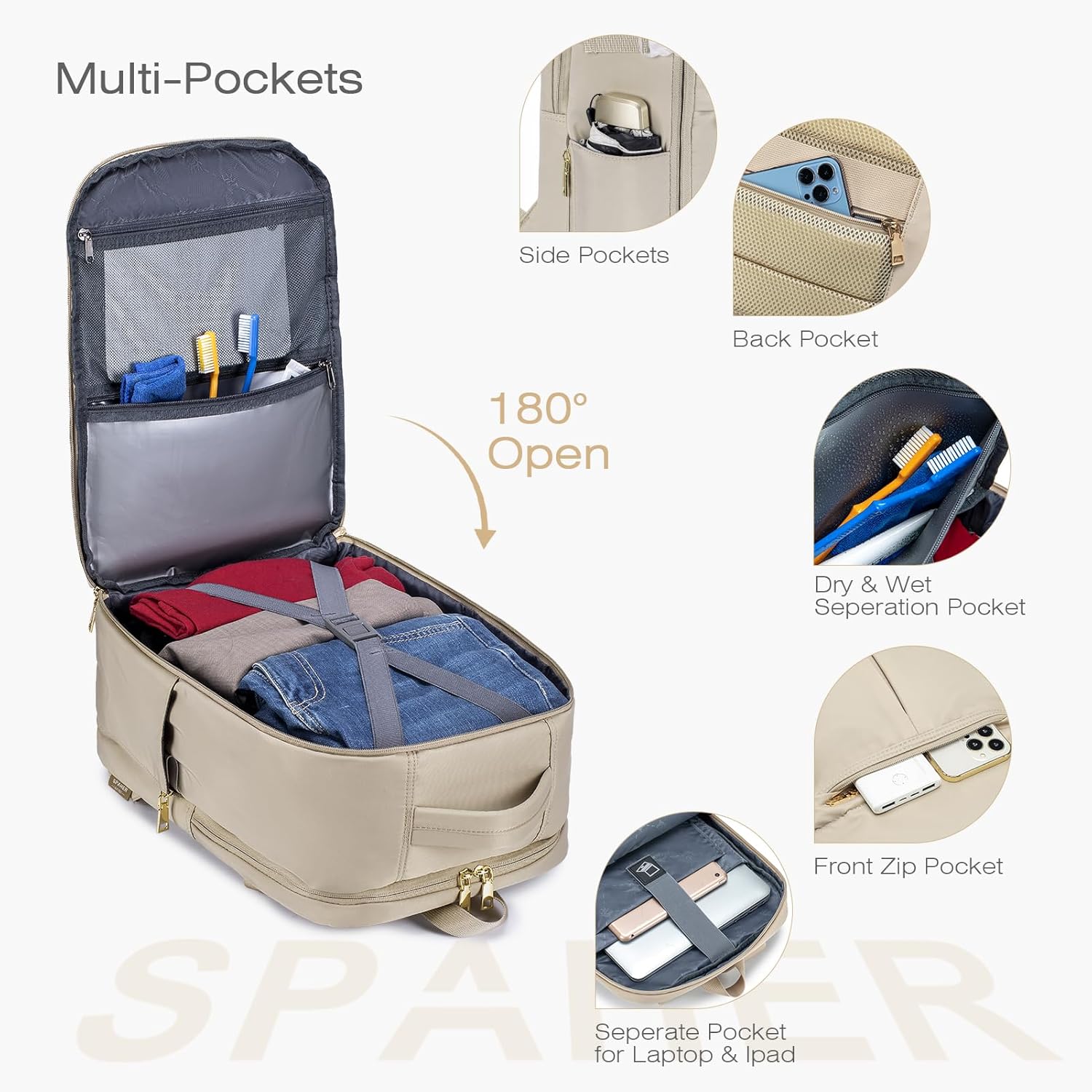 Thumbnail 5 de SPAHER Cabin Bag 40x30x20 Underseat Laptop Backpack (Up to 15.6 Inch) – Beige
