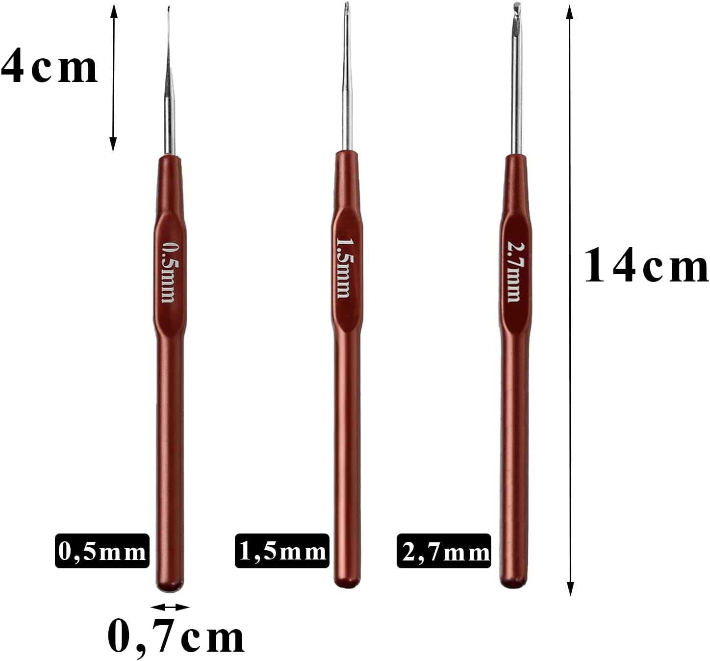 Detalle 2 de Canollo Tunesische Häkelnadeln-Set (3 Stück) 0,5 / 1,5 / 2,7 mm – ergonomisch, ultrafein für Dreadlocks