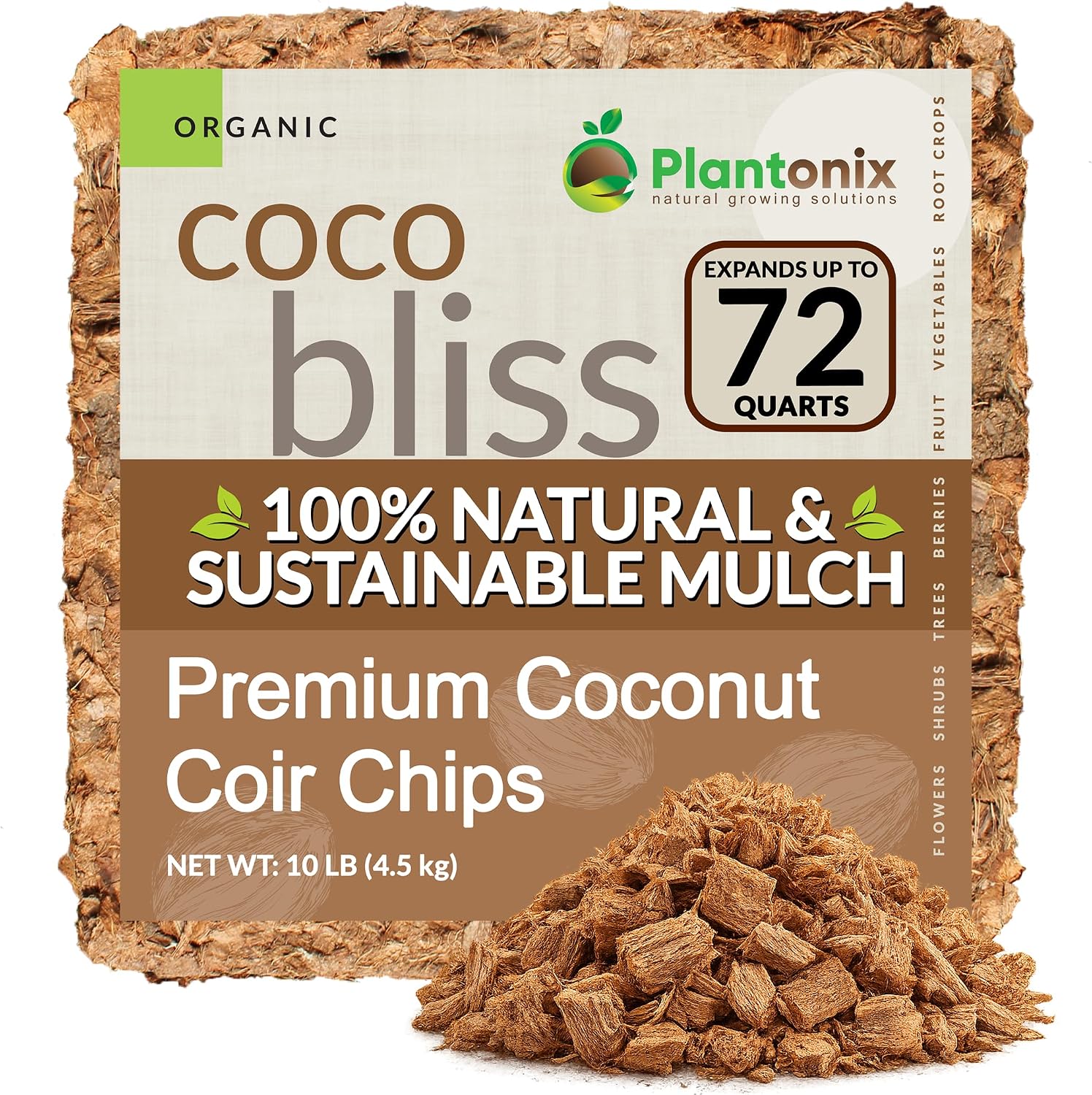 Detalle de plantonix Coco Chips Coconut Husk Mulch Brick, 10 lb, Moisture-Retaining