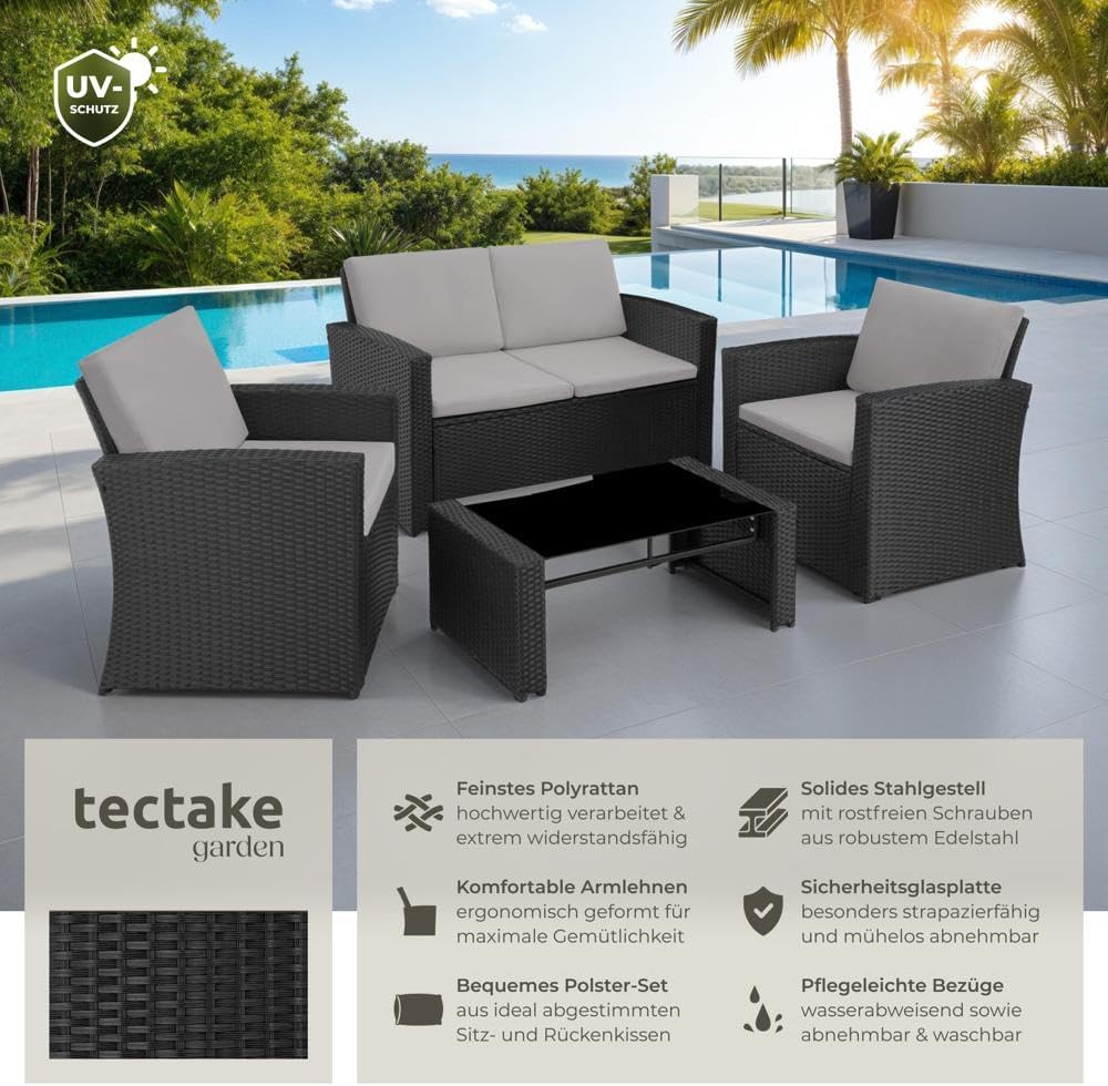 Thumbnail 1 de tectake Lounge Gartenmöbel-Set Poly Rattan – 12-teiliges wetterfestes Lounge-Set für 4 Personen (Schwarz/Grau)