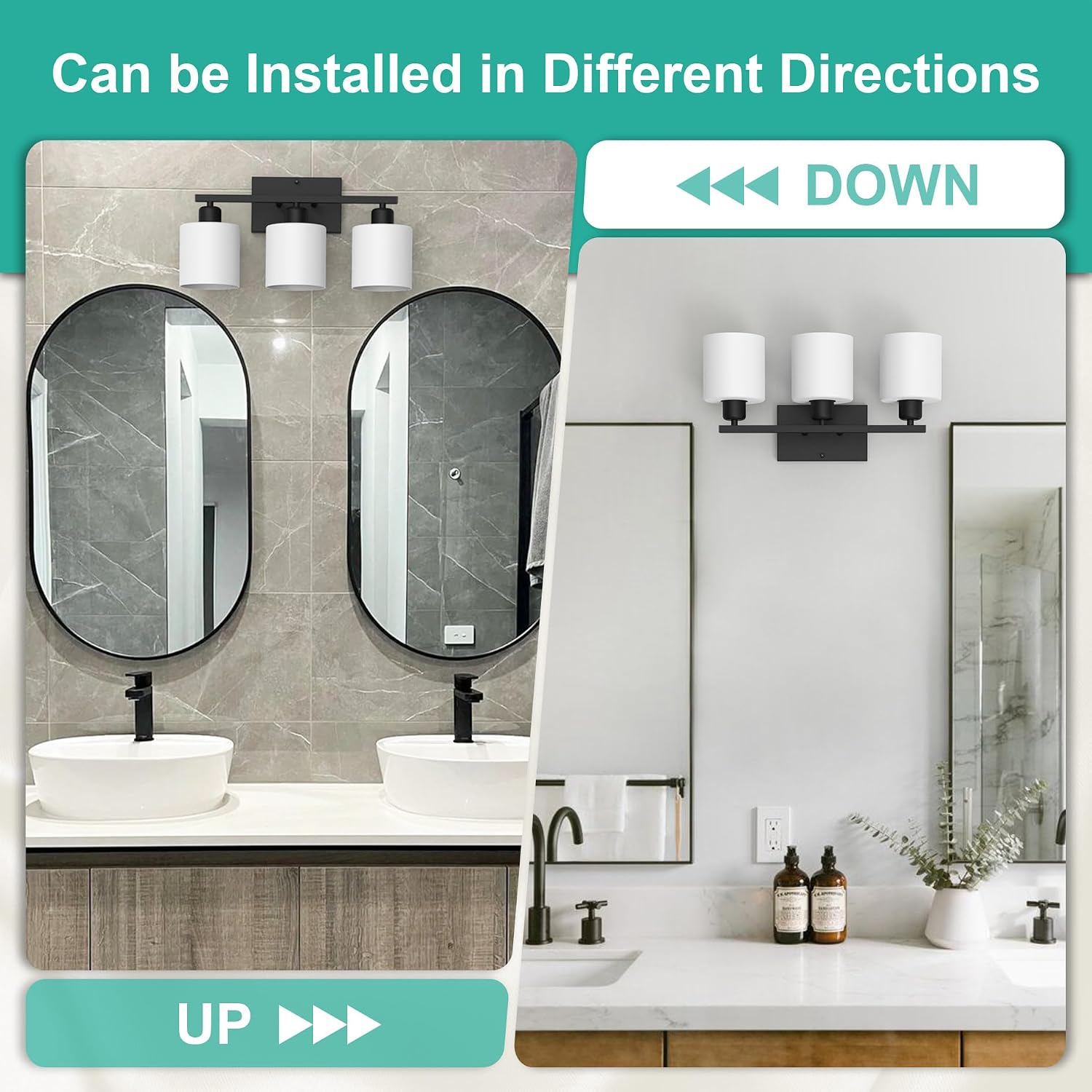 Detalle de Dekang 3-Light Black Bathroom Vanity Light with Milky White Glass Shades