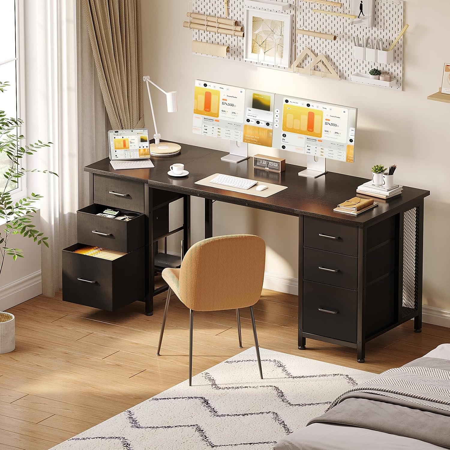 Thumbnail 6 de Coleshome Schreibtisch mit 6 Schubladen, 160x52 cm – Computertisch für Home Office, Schwarz