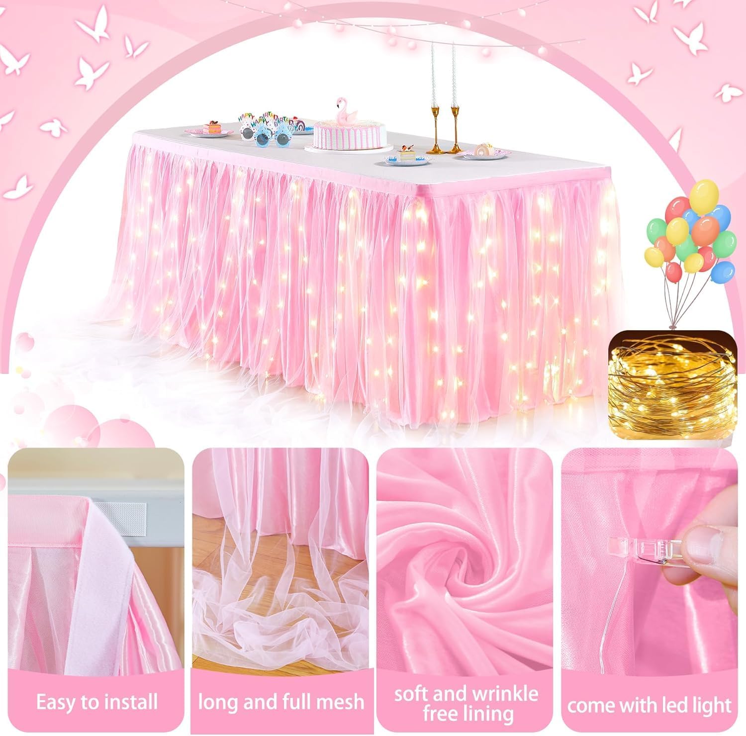 Detalle 2 de HB HBB MAGIC Jupe de table en tulle rose à lumière LED (HBBMAGIC) à volants