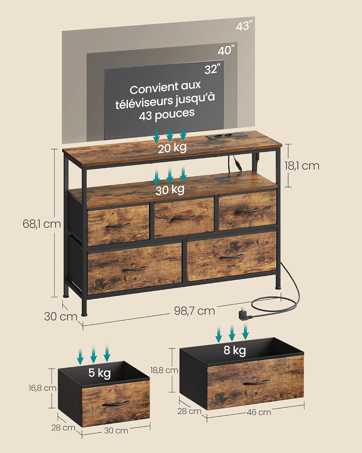 Detalle 2 de SONGMICS BELLAH LGS723KD01 commode met ledverlichting, 5 stoffen lades en stopcontacten