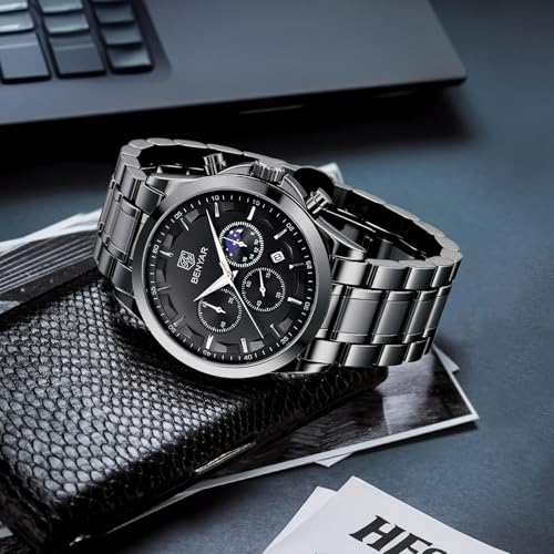 Detalle de BENYAR Montre Homme Chronographe Étanche – Bracelet Cuir, Grand Cadran Bleu Argent-b