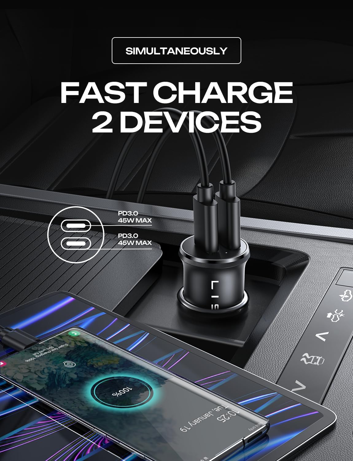 Detalle 2 de LISEN 90W USB C Car Charger 45W