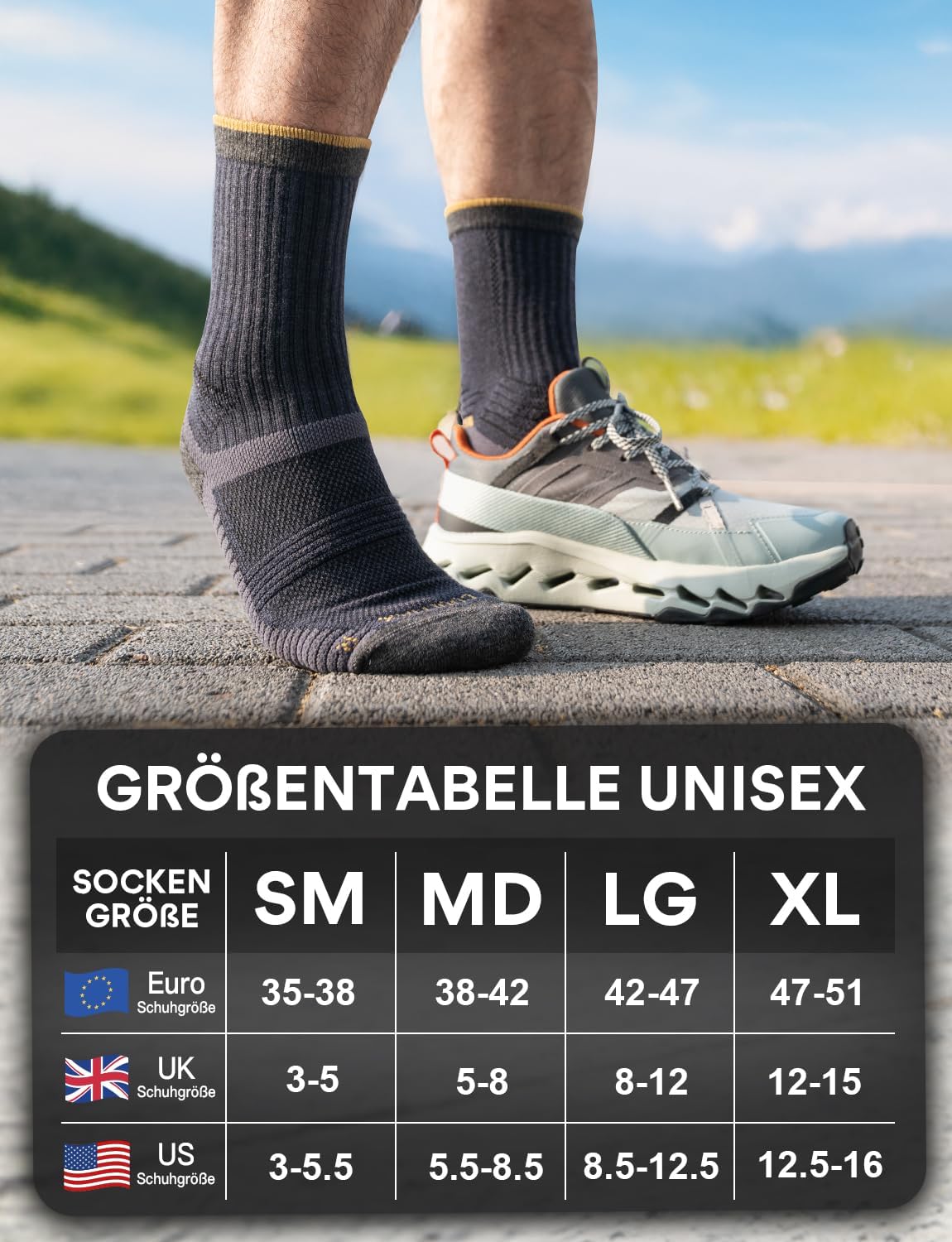 Detalle 2 de Juclise Sommer Merinowolle Wandersocken für Herren – Kompression, Anti-Blasen-Schutz, atmungsaktiv