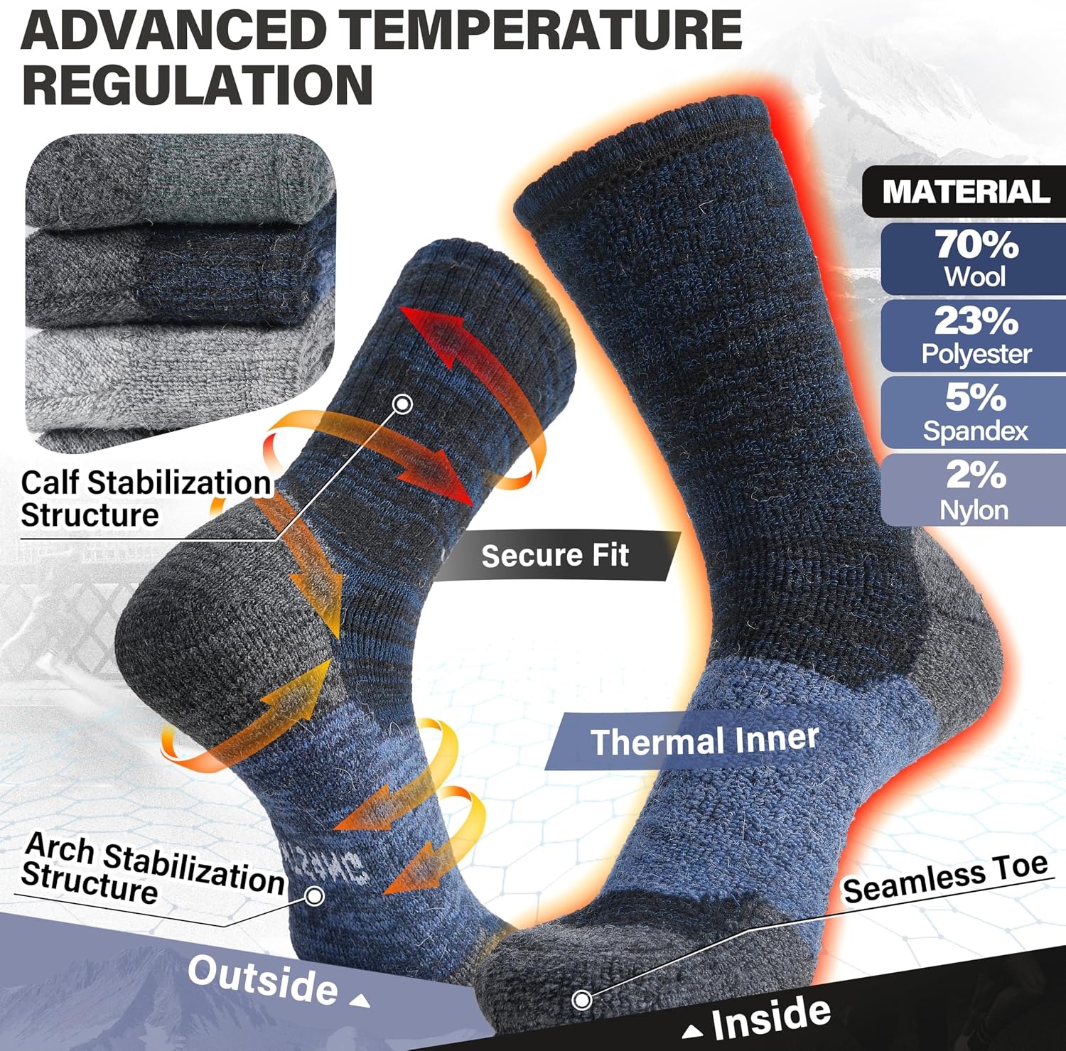 Detalle de ANTSANG Merino Wool Hiking Socks, Full-Cushion Crew, Arch and Calf Support, 4 Pairs
