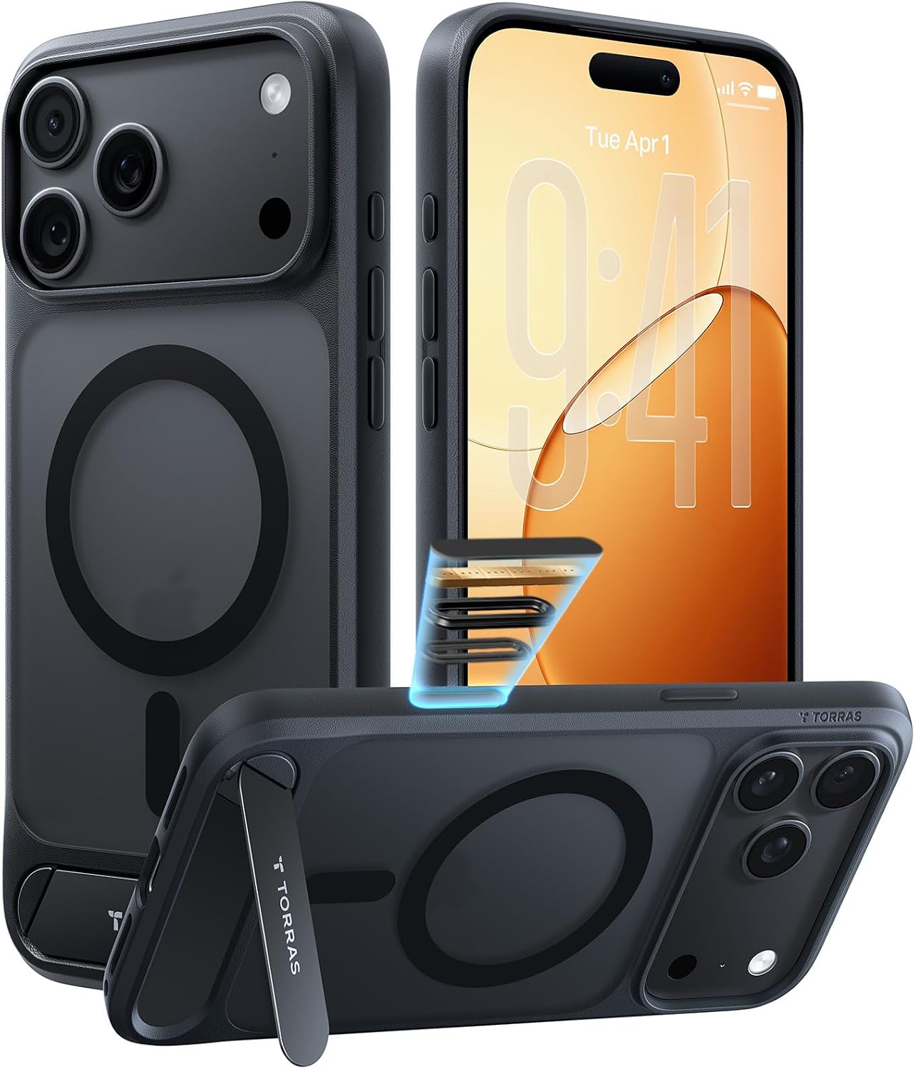 Detalle de TORRAS Stronger Magnetic Stand Case for iPhone 18 Pro Max, MagSafe, Black