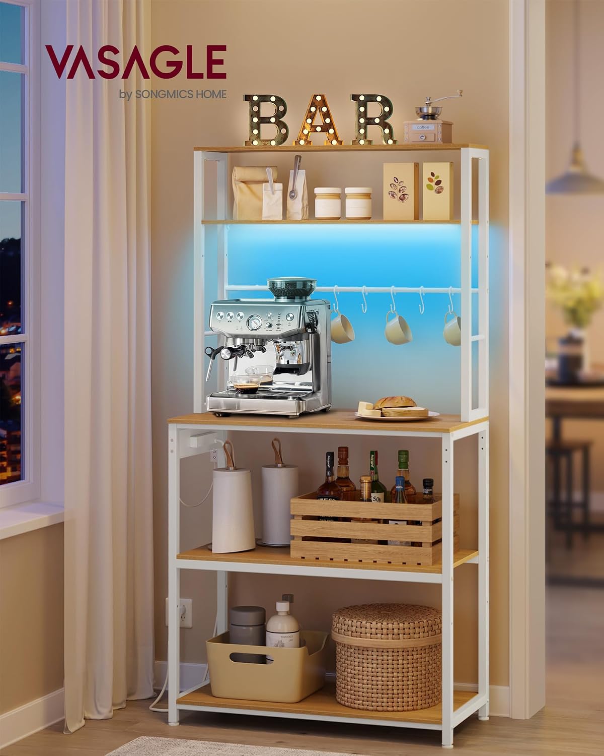 Thumbnail 1 de VASAGLE étagère de cuisine avec LED et multiprise KKS050YA01 (40 x 80 x 168,4 cm) – doré chêne et blanc mat