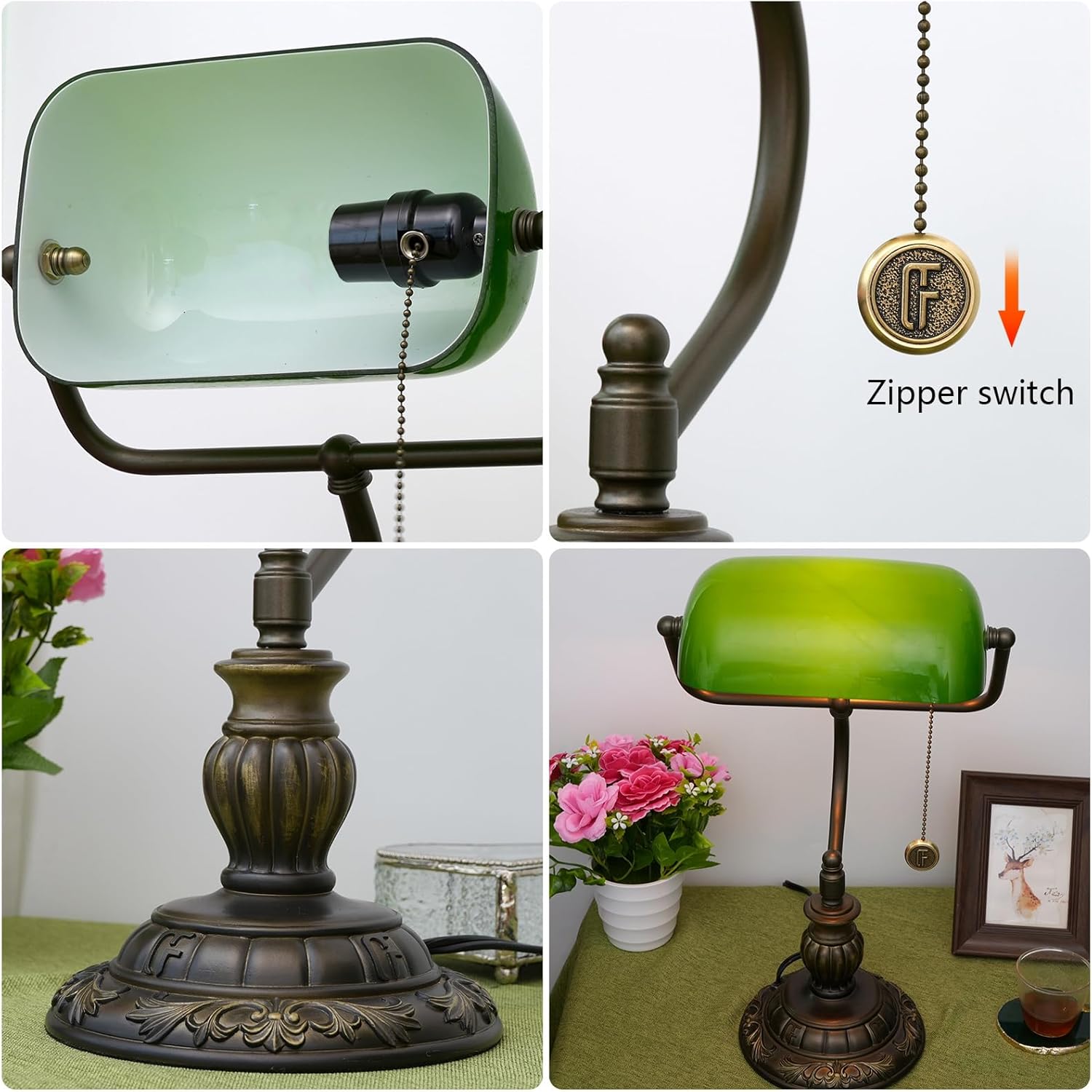 Thumbnail 3 de Blivuself Green Bankers Lamp with Stained-Glass Shade – retro bedside or desk reading light