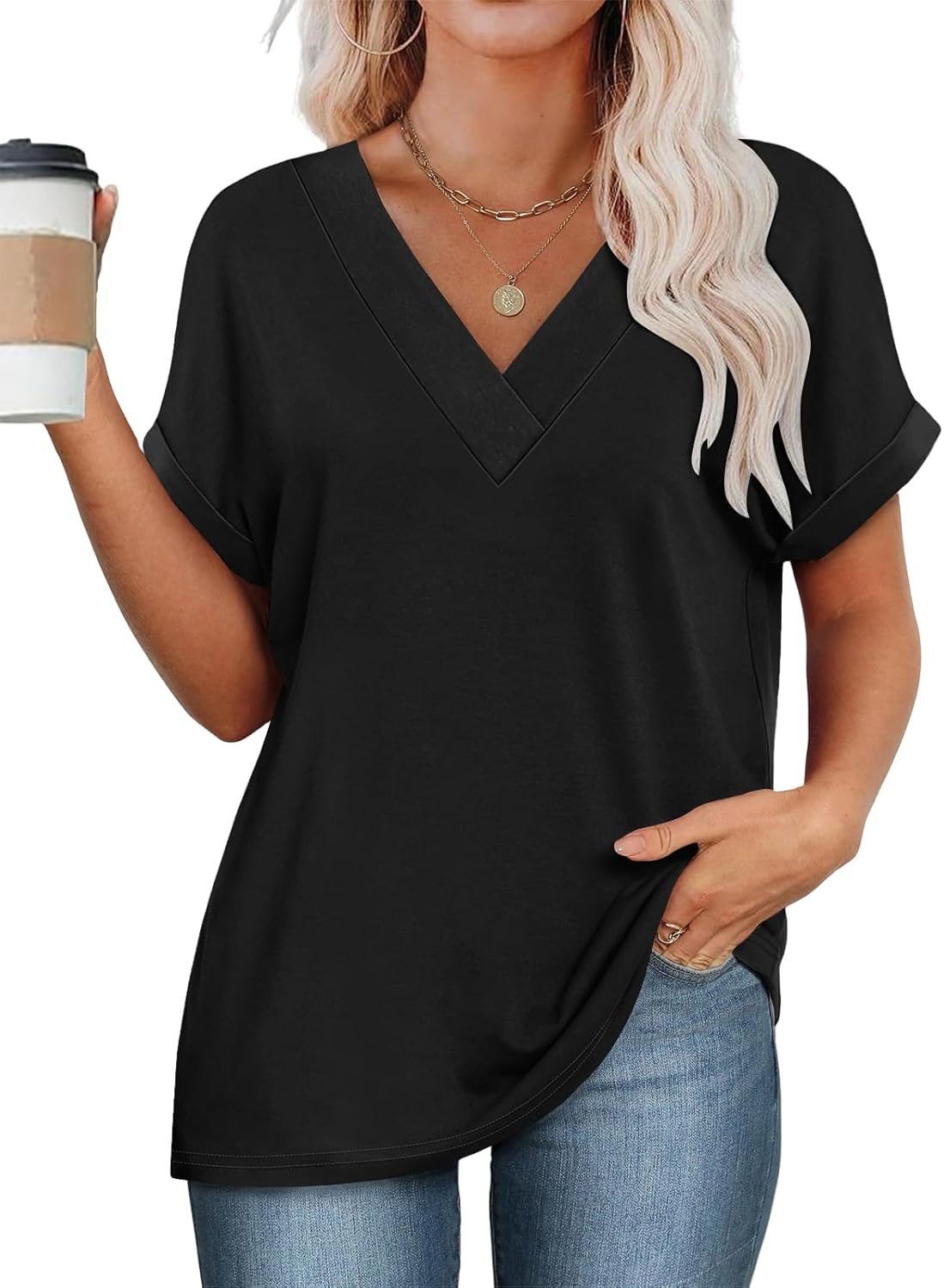 Thumbnail 2 de Cuptacc Damen-T-Shirt mit V-Ausschnitt, Kurzarm und Elasthan-Anteil – locker-elegant für Sommer & Alltag