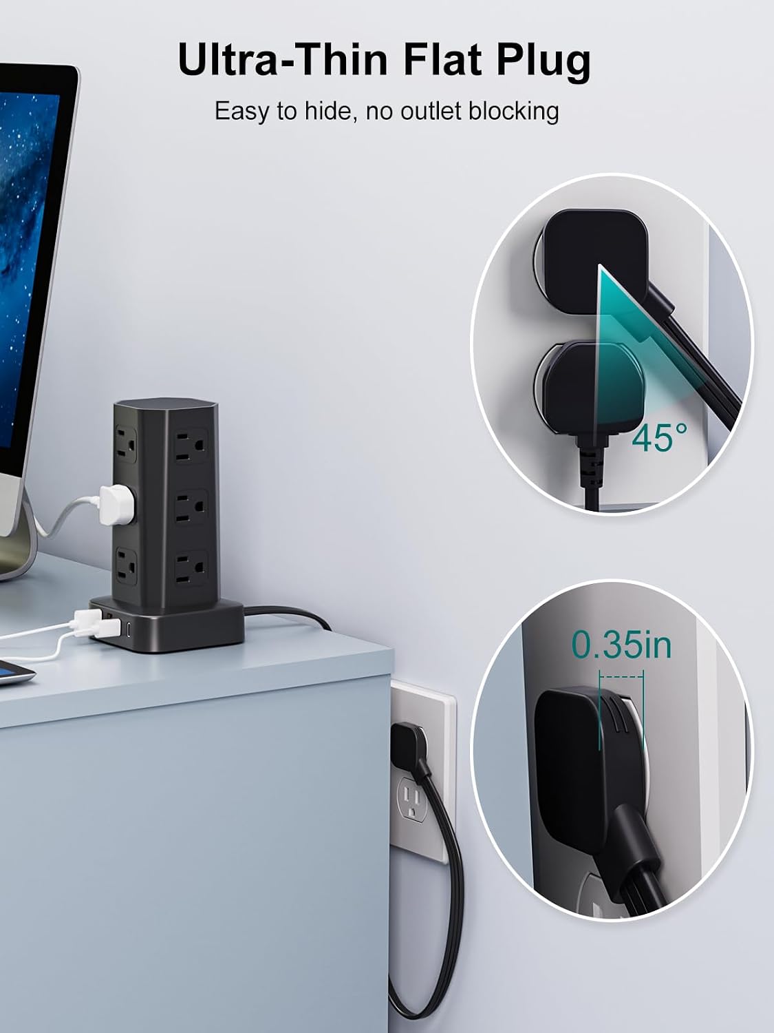 Detalle de Power Strip Tower Surge Protector: 16-in-1 Desktop Charging Station with 12 AC Outlets and 4 USB Ports (2 USB-C) - 6ft Long