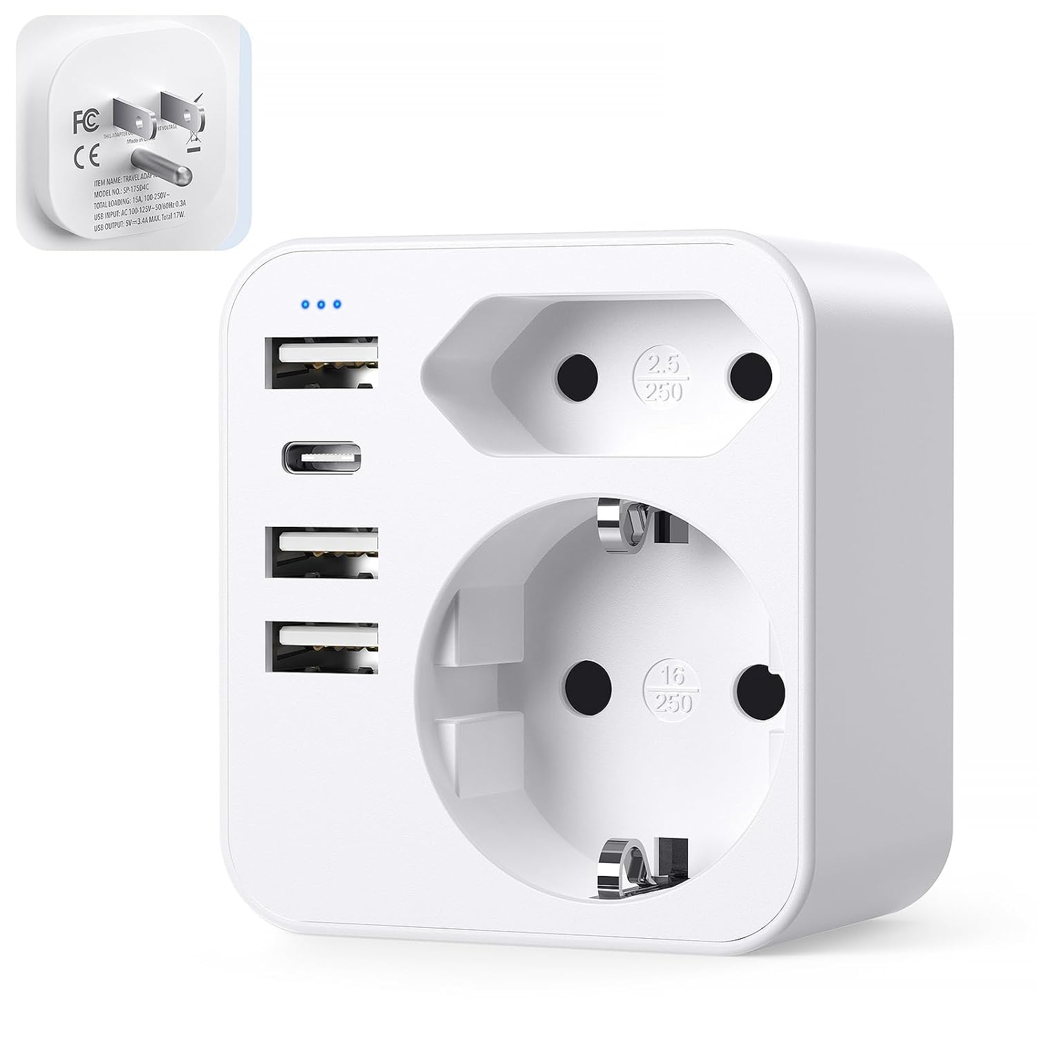 Detalle de USA Reiseadapter mit 3 USB + USB-C (bis 3,4 A) für Deutschland/Europa-Stecker