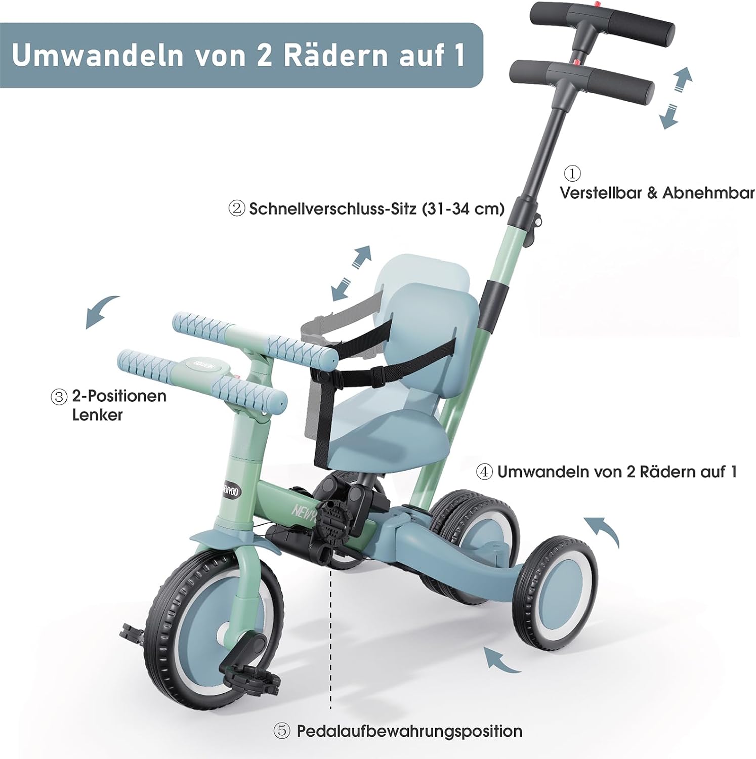 Detalle 2 de Newyoo 5-in-1 Dreirad: Laufrad ab 1 Jahr mit verstellbarem Lenker und Sitz – Grün