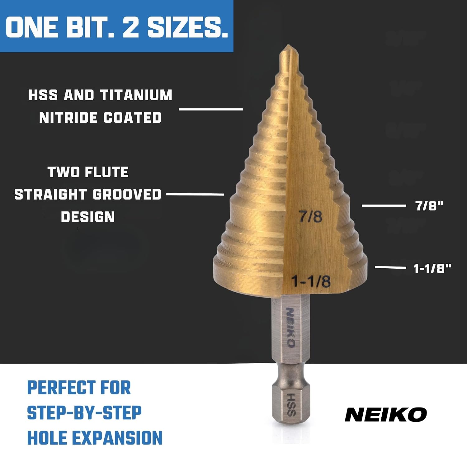 Detalle 2 de NEIKO Step Drill Bit, 7/8-Inch to 1-1/8-Inch