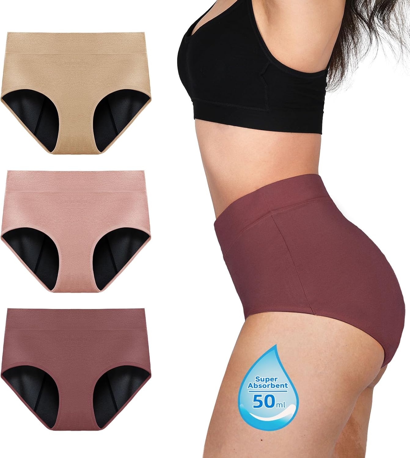 TIICHOO Culotte menstruelle taille haute flux très abondant (lot de 3) à protection anti-fuites