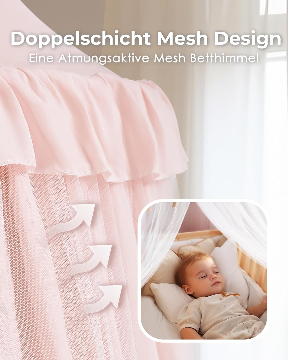 Thumbnail 1 de Mallify Moskitonetz Betthimmel mit Sternenlichtern – zweilagiges, atmungsaktives Bettüberdach in Rosa