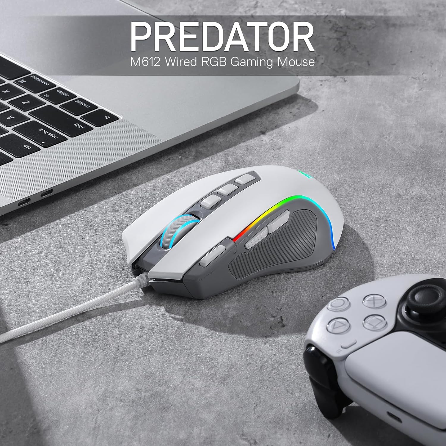 Detalle de Redragon M612 RGB Gaming Maus (kabelgebunden, 8000 DPI, 11 programmierbare Tasten) – Grau & Weiß