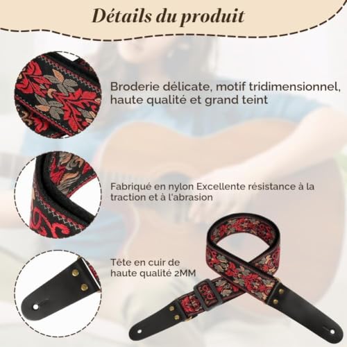 Detalle de Sangle de Guitare Aucuu Sangle Guitare Jacquard avec Extrémités en Cuir — Réglable, Vintage Brodé