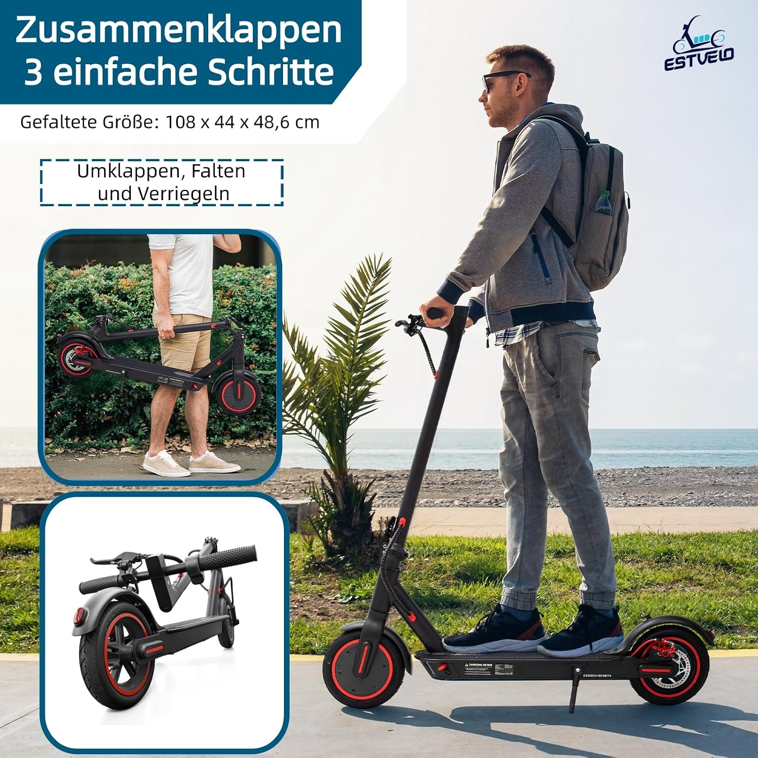 Thumbnail 4 de ESTVELO E Scooter S4 (bis 20 km/h) – faltbar mit breiteren Luftreifen und bis 30 km Reichweite