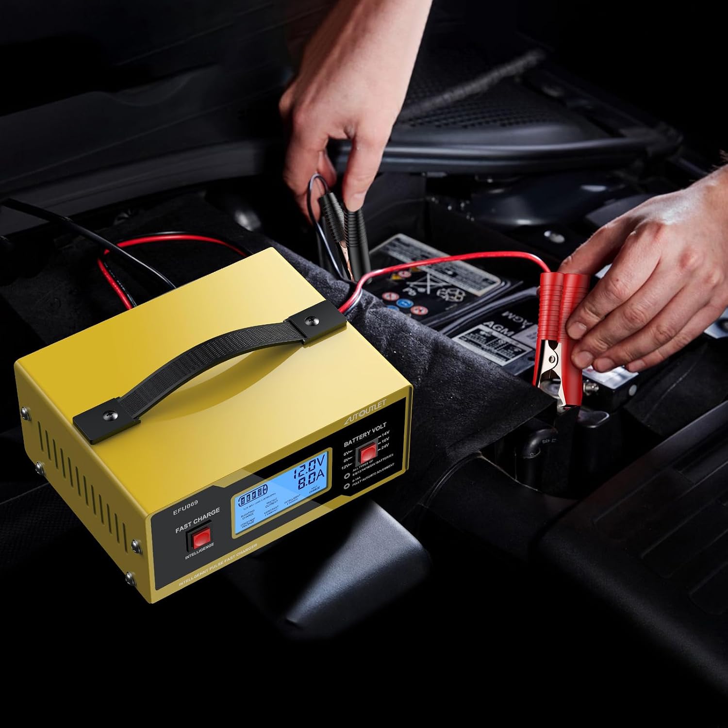 Detalle de AUTOUTLET Ladegerät Autobatterie 6/8/12/14/24V – Smartes Vollautomatisches Erhaltungsladegerät mit LCD