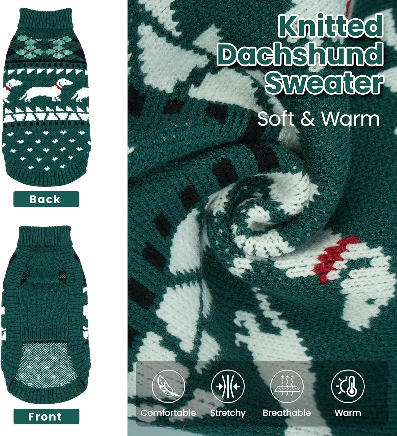 Detalle de Lelepet Dog Jumper for Dachshund – Knitted Warm Turtleneck Sweater in Green S