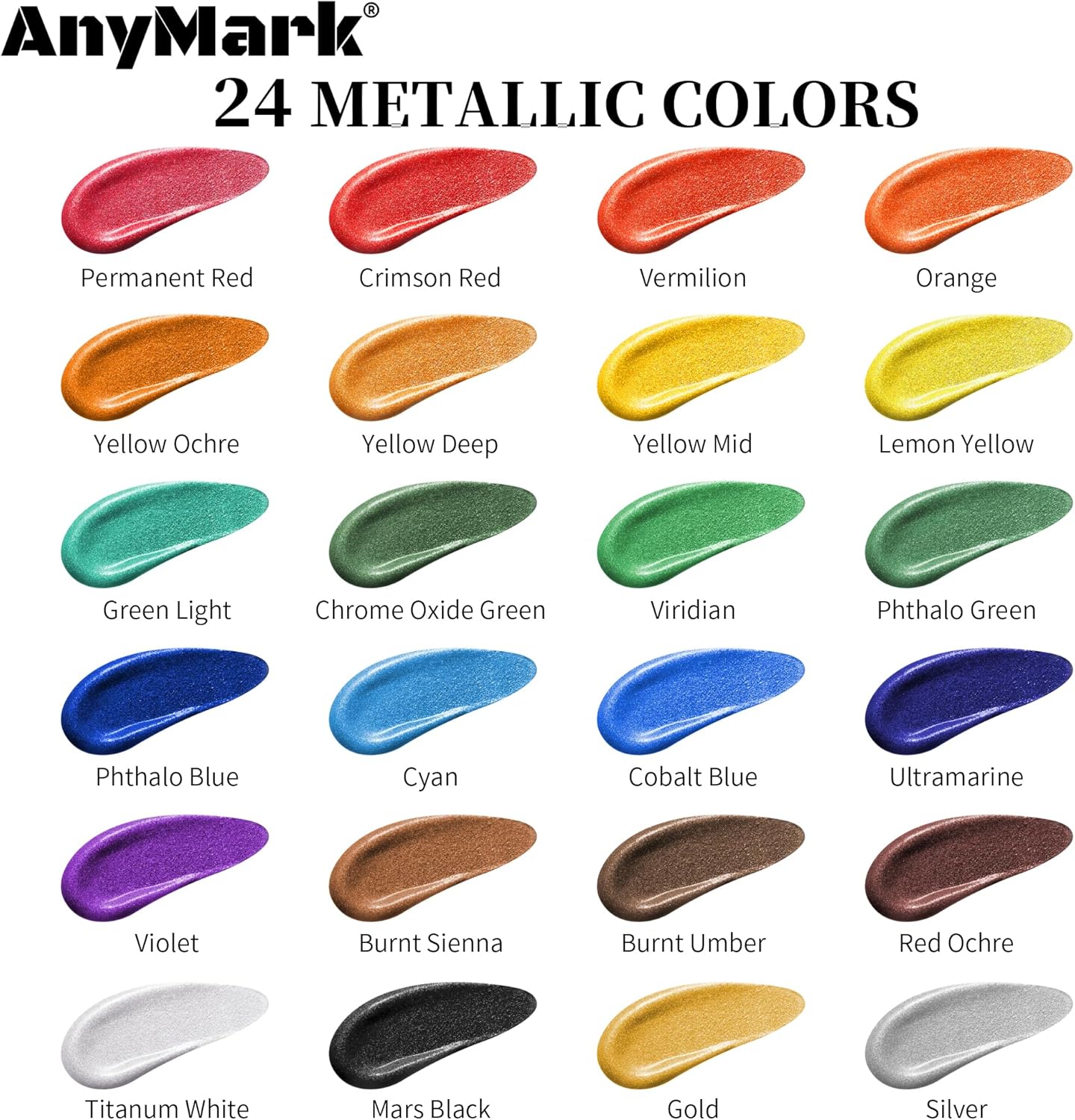 Thumbnail 1 de AnyMark Peinture acrylique métallique brillante – ensemble 24 couleurs avec 10 pinceaux (flacons 60 ml)