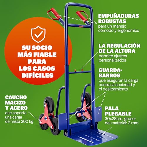 Detalle de Gardebruk Deuba Carretilla plegable de mano para escaleras: carga 200 kg y 6 ruedas, altura ajustable