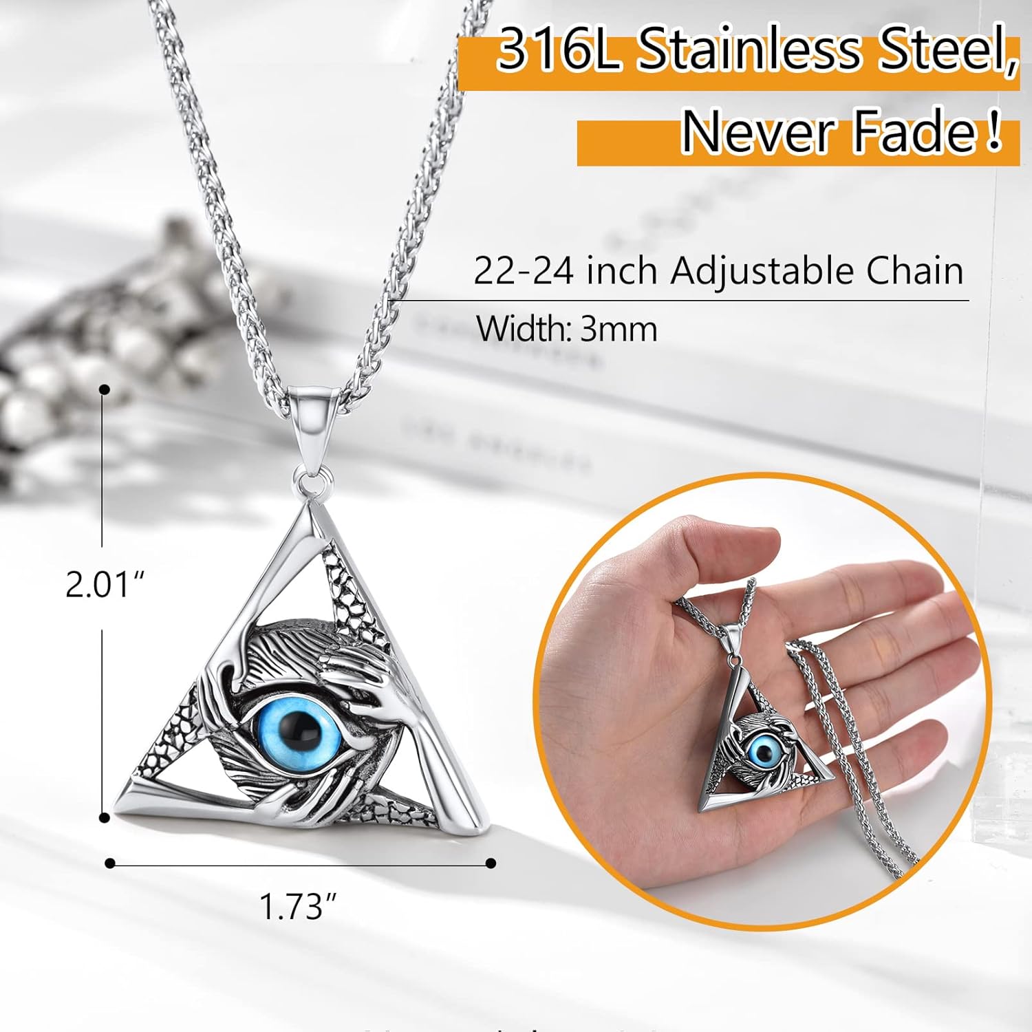 Thumbnail 4 de PROSTEEL Collana da uomo con occhio blu e tre mani in acciaio inox 316L