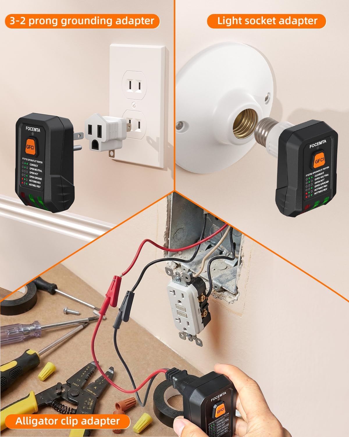 Detalle de Focemta FTCT02: Circuit Breaker Finder and GFCI Outlet Tester with Color Screen