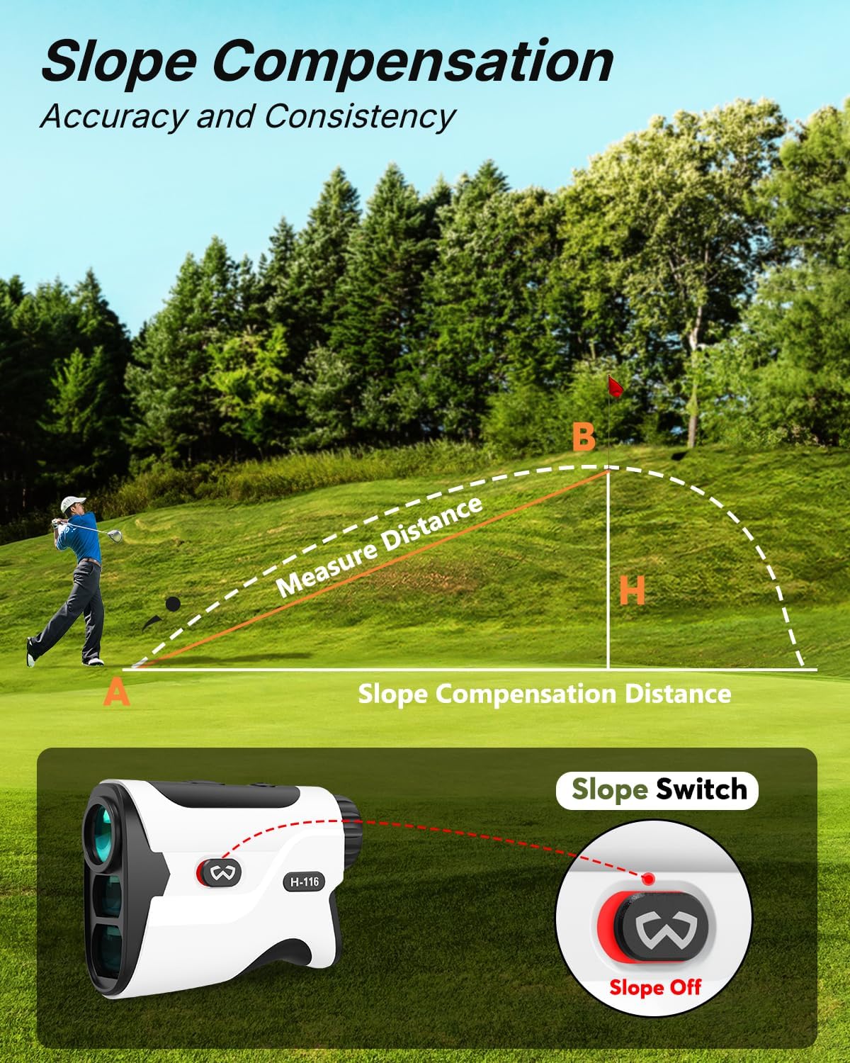 Detalle de WOSPORTS H116 Golf Rangefinder with Slope, 6x Magnification and Flag Lock
