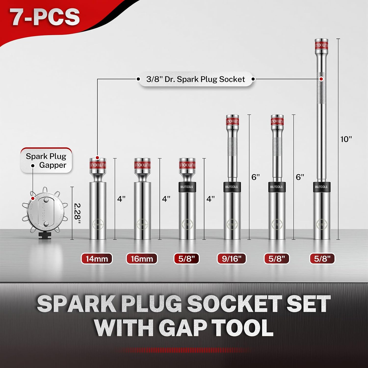 Detalle de BILITOOLS B1R95314 7-Piece Magnetic Swivel Spark Plug Socket Set, 3/8-Inch Drive