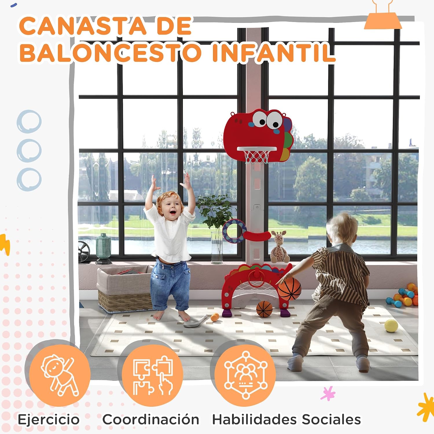 Detalle de AIYAPLAY Canasta de Baloncesto Infantil 5 en 1 96‑130 cm