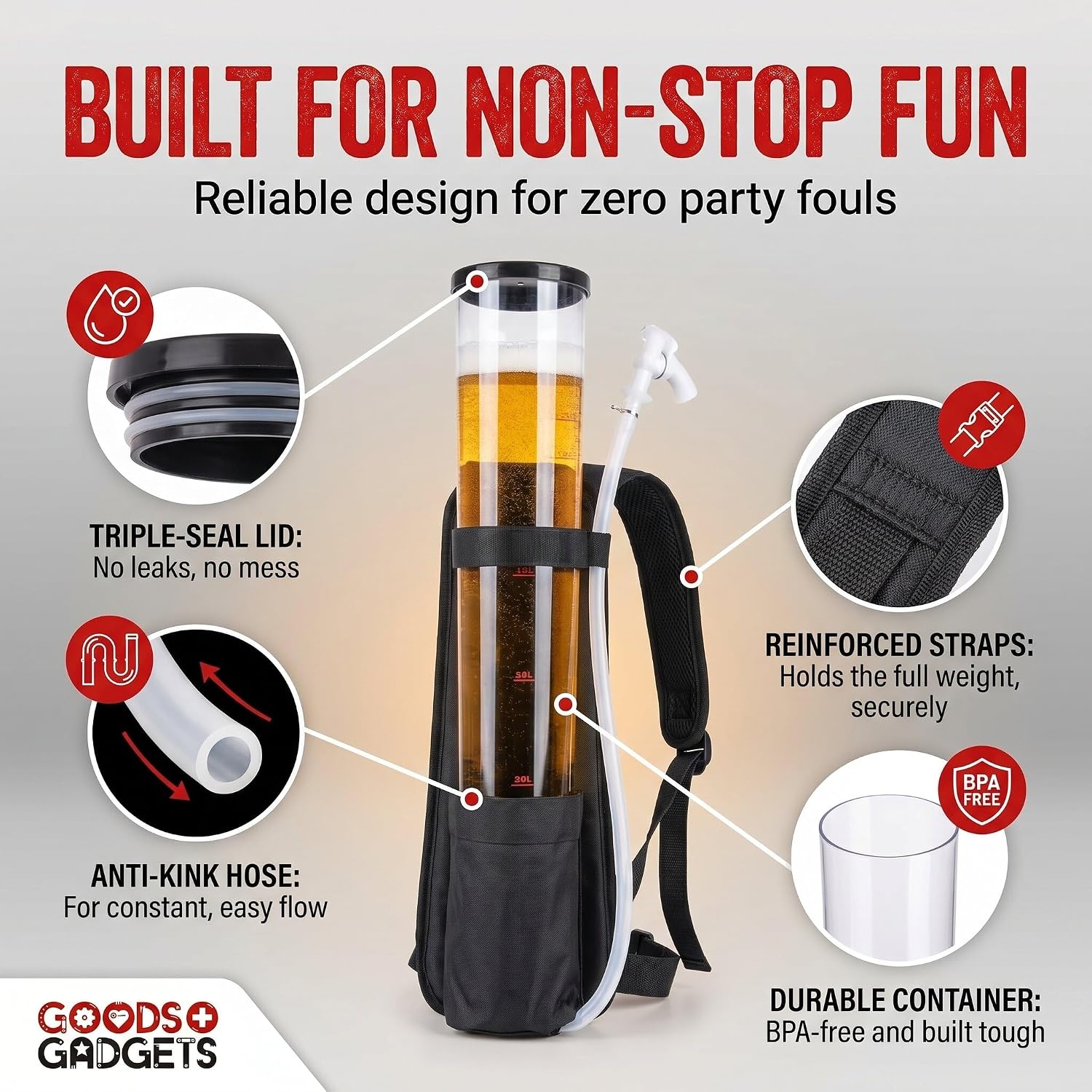 Detalle de GOODS+GADGETS Beer Backpack Duo, 6 L Drinks Dispenser with Taps