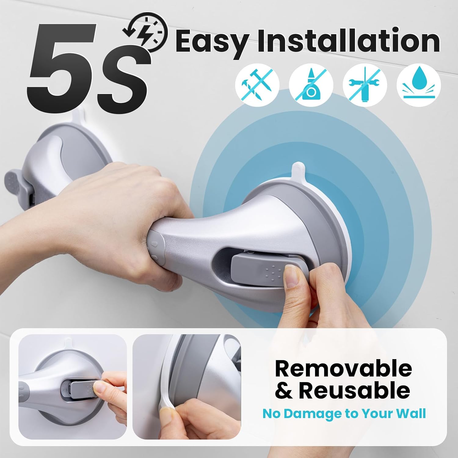Detalle de TAILI 31 cm Suction Grab Rail for Bathroom – No-Drill Bath Safety Handle, 110 kg Max, Silver