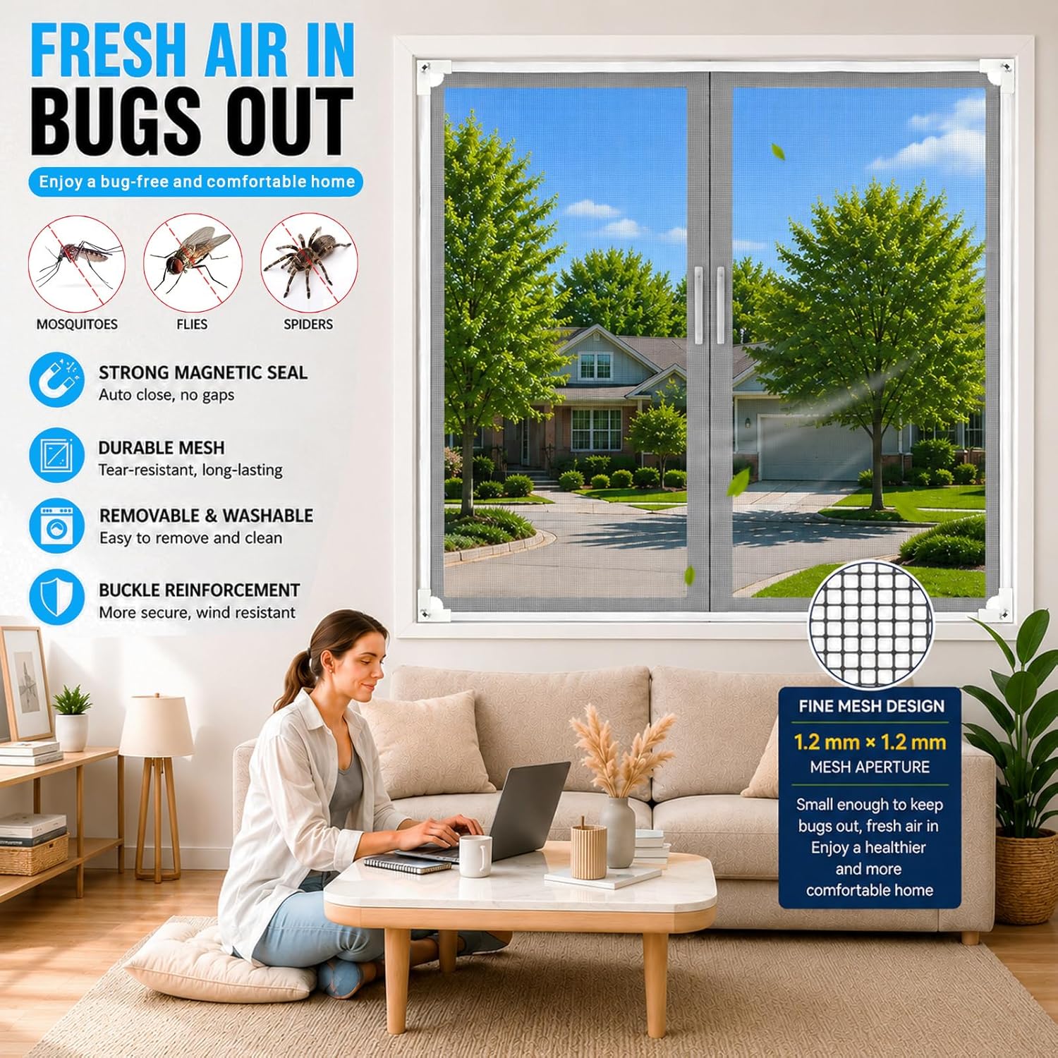 Detalle de AMLOOPH Magnetic Window Fly Screens — DIY, No-Drill Insect Mesh with Magnetic Closure (Up to 120x130cm)