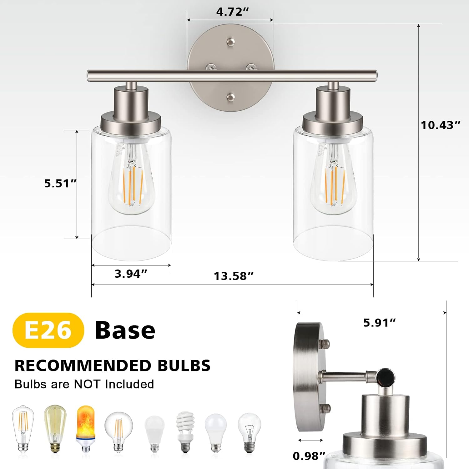 Detalle 2 de Unicozin RJ-WR02 2-Light Vanity Sconce, Brushed Nickel, Clear Glass, E26