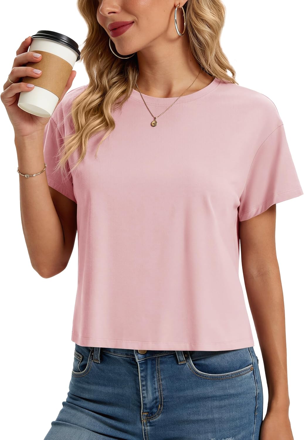 Detalle de MAGCOMSEN Women's Cotton Cropped T-Shirt, Crewneck, Short Sleeve, Loose Fit