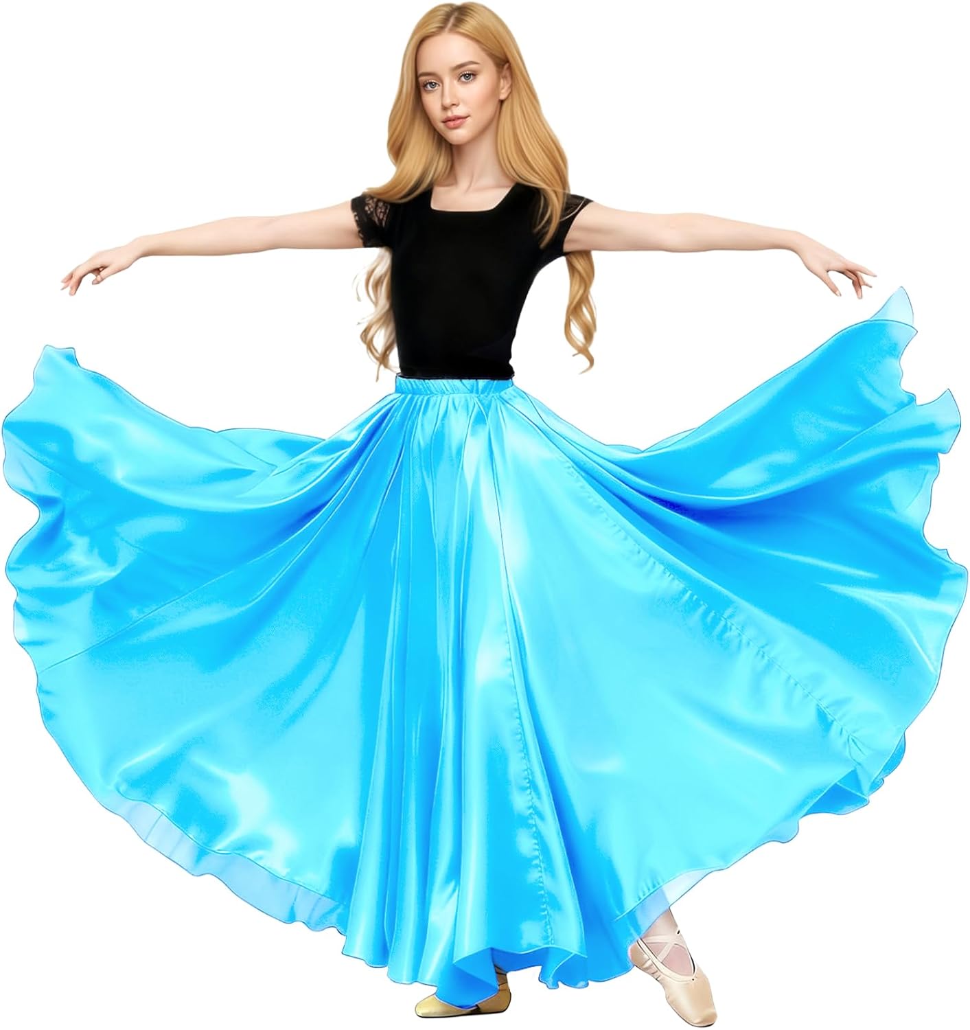 Detalle 2 de Baisdan Jupe Danse Orientale Femme en Satin — Jupe Longue Cercle Complet pour Danse Orientale, Flamenco et Cosplay