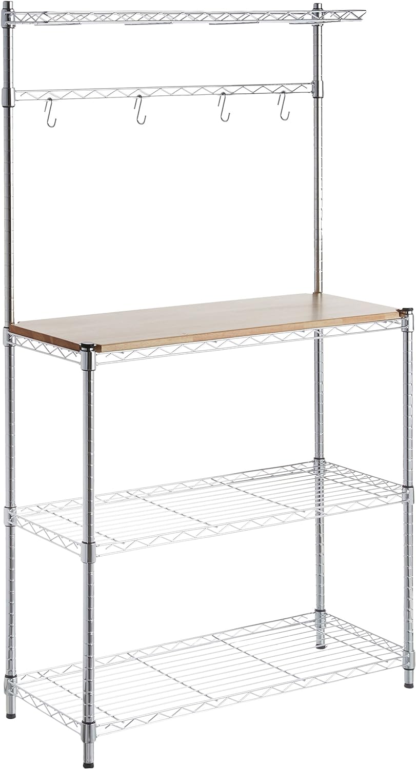 Detalle de Amazon Basics Küchenregal 3 Regale – Holz/Chromfarben, 161 cm Höhe, Traglast 190,5 kg