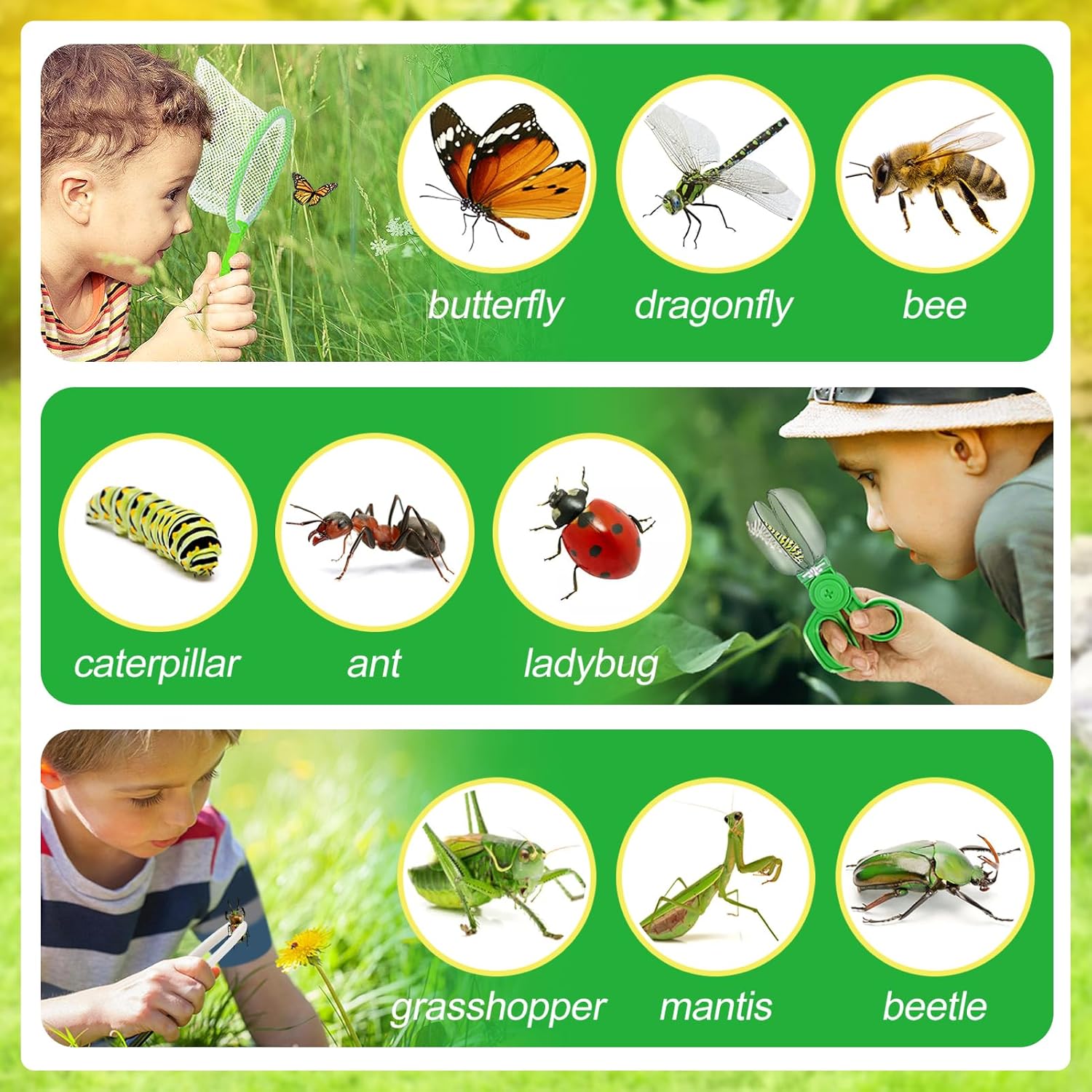 Detalle 2 de 2Sets Bug Catcher for Kids (Ages 3-8) Outdoor Explorer Kit with Collector Butterfly Net, Tweezer & Insect Clip
